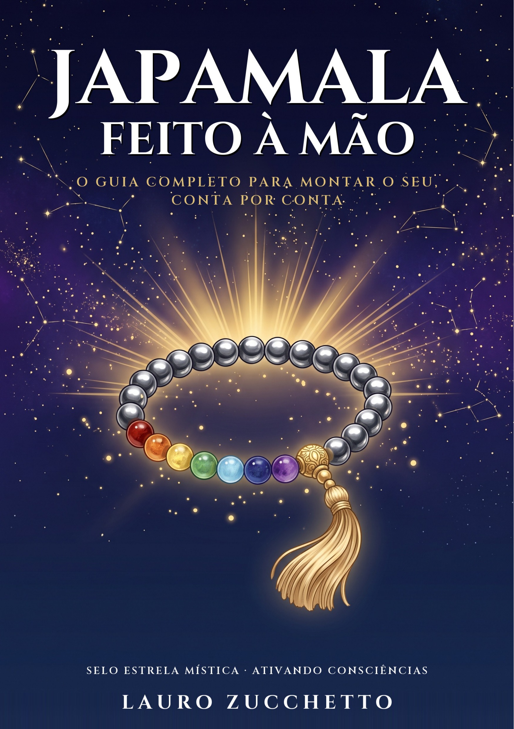 Capa do e-book Japamala Feito à Mão, com um japamala de hematita e 7 chakras brilhando no céu estrelado
