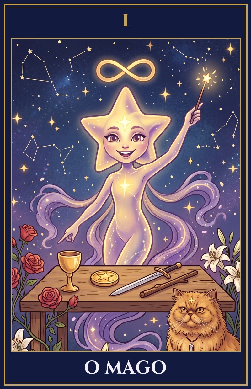 Carta O Mago do baralho próprio da Estrela Mística, com a Milly e a Lumi