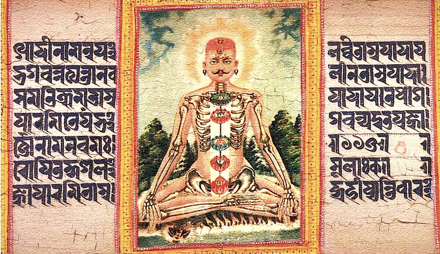 Pintura antiga de um iogue da Índia com os sete chakras e texto em sânscrito