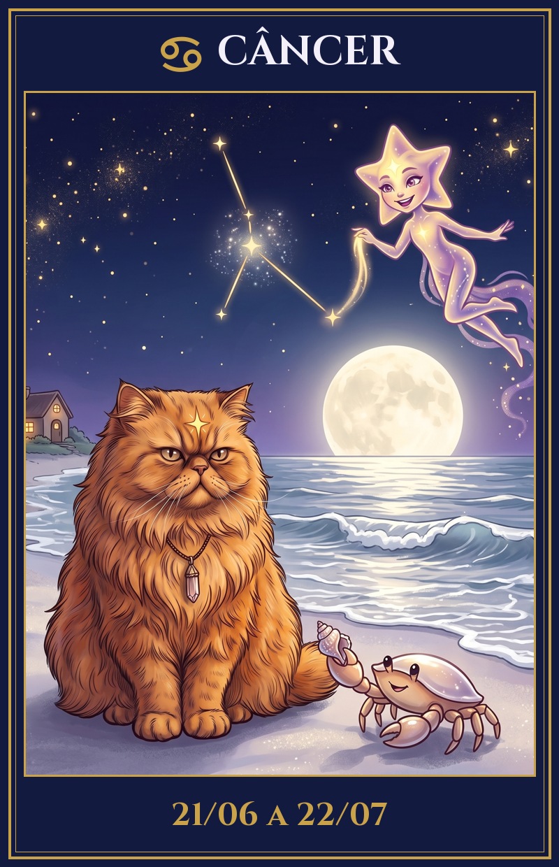 Signo de Câncer, de 21/06 a 22/07, ilustrado pela Estrela Mística com a Milly e a Lumi