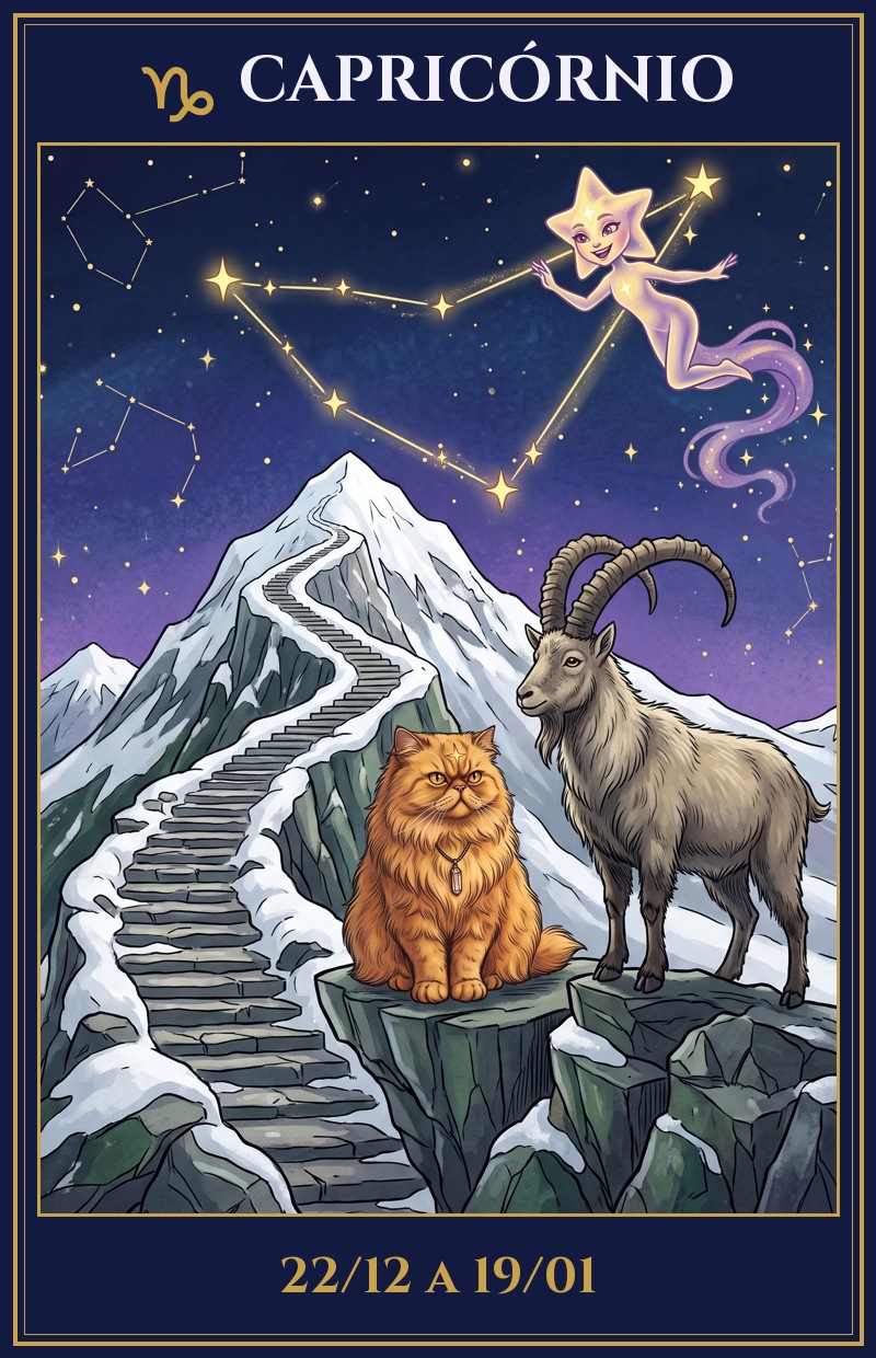Signo de Capricórnio, de 22/12 a 19/01, ilustrado pela Estrela Mística com a Milly e a Lumi