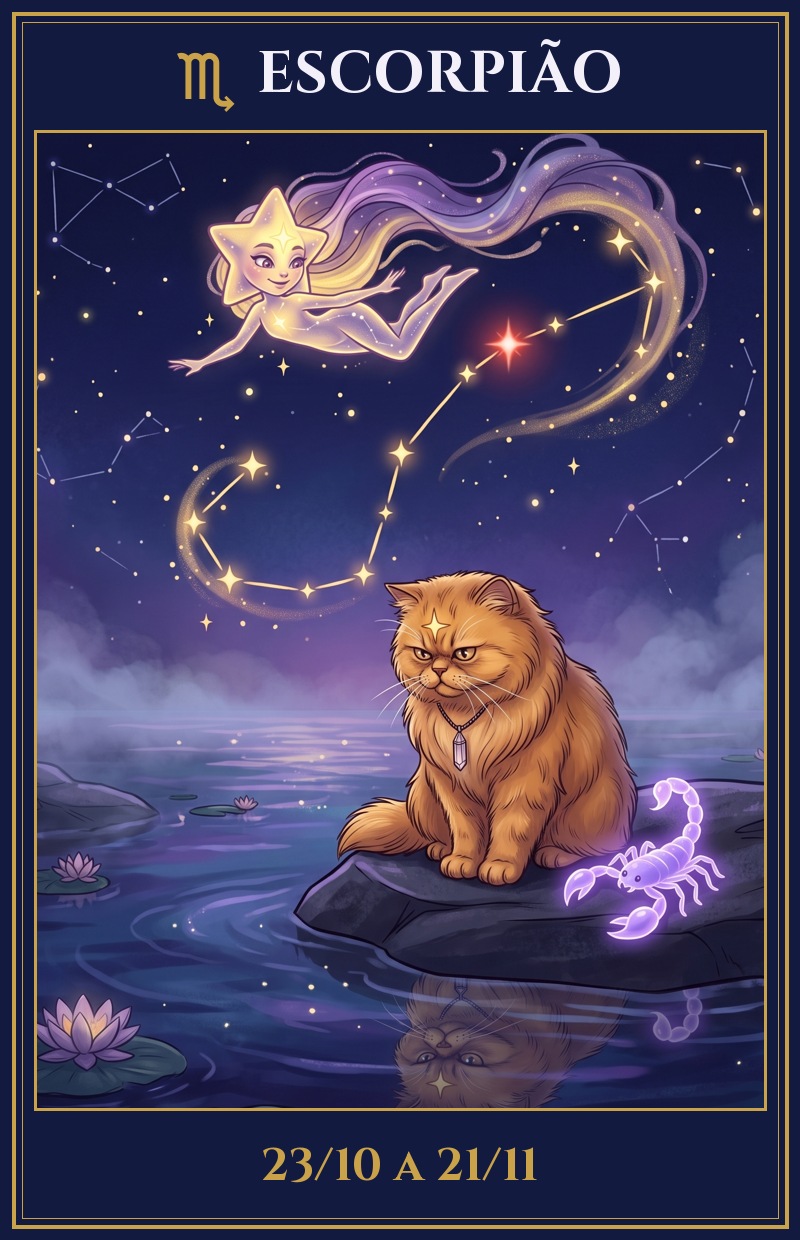 Signo de Escorpião, de 23/10 a 21/11, ilustrado pela Estrela Mística com a Milly e a Lumi