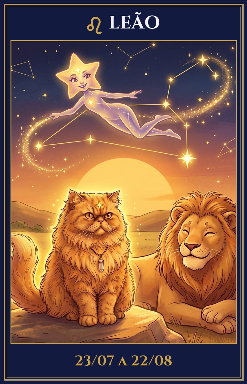 Signo de Leão, de 23/07 a 22/08, ilustrado pela Estrela Mística com a Milly e a Lumi