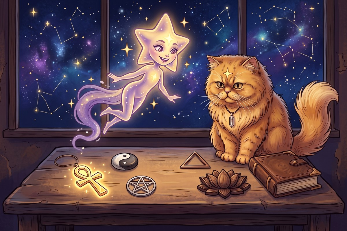 A Milly observando sobre a mesa um ankh dourado, um yin-yang, um pentagrama, um triângulo e uma lótus